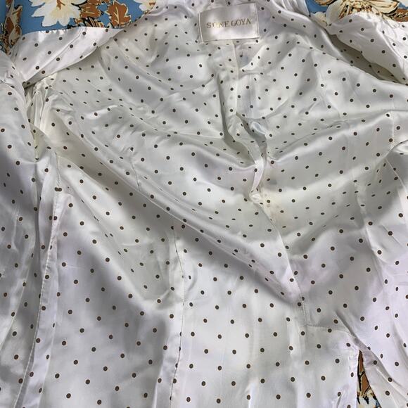 Size L Blue Tan Polyester Blend Floral Notch Lapel Zip Pockets Jacket Blazer - Picture 7 of 9